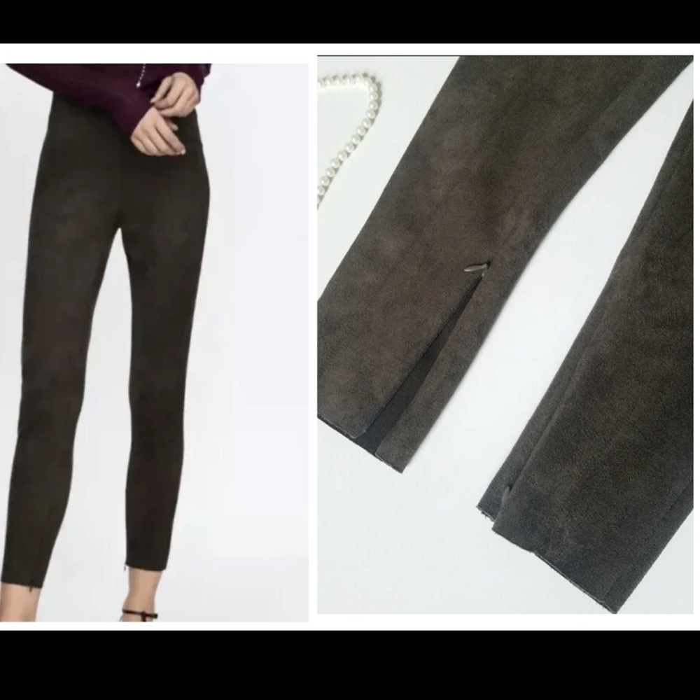 Zara Black Faux Suede High-Waist pants/Leggings w/side & ankle zippers. M in EUC